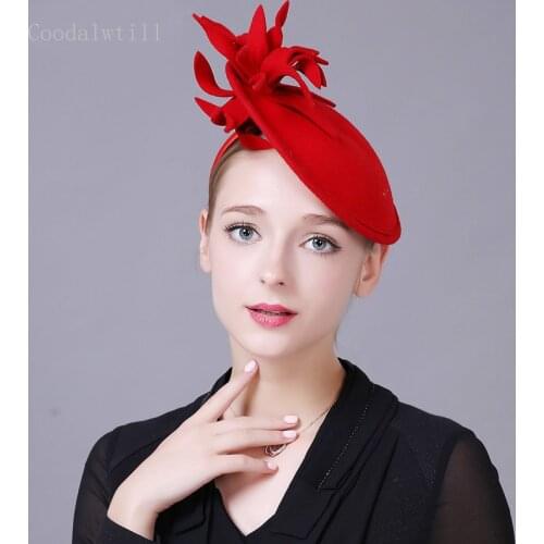 Lady Elegant Wool Red Fedora Hats For women Fascinators Wedding Hat Black Pillbox Hats Lady Formal Church Derby Dress Fedoras