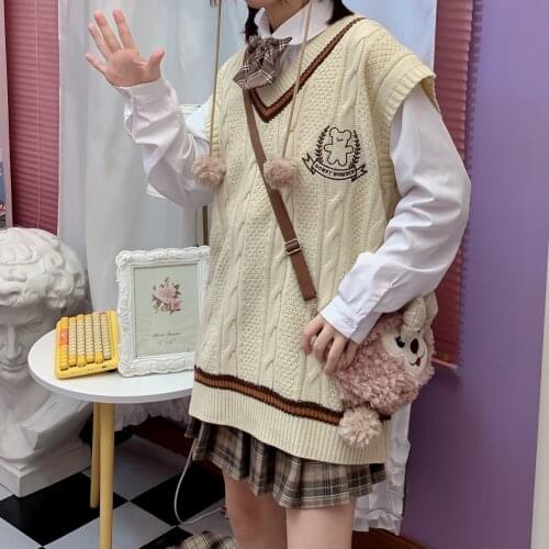 Preppy Style Cute Womens Knitted Sweater Vest Pullovers Long Sleeve Fall,Winter Sweaters Cute Girls Loose Color Apricot Brown