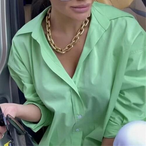 2021 New Simple Loose Bright Green Shirt Single-breasted Soft Lightweight Turn Down Collar Long Sleeve Shirt for Daily Wear