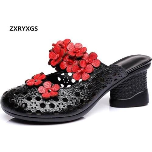 Promotion 2021 New Summer Women Sandals Flower Hollow Cowhide Leather Slippers Sandals Thick Heel Shoes Woman Fashion Sandals