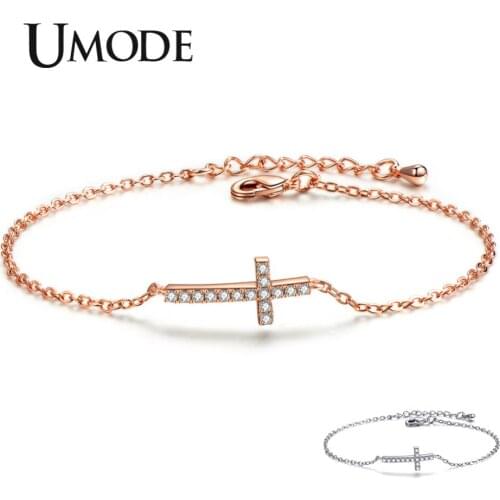 UMODE New Classic Cross CZ Crystal Bracelets for Women New White&Rose Gold Long Link Chain Zircon Bracelet Jewelry AUB0146