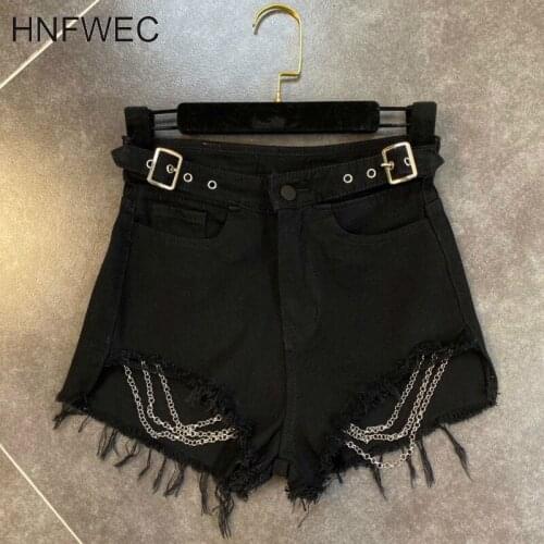 2020 New Summer Fashion Street Style Loose Tassel Button Black Broken Chain High Waist Denim Shorts Women T344