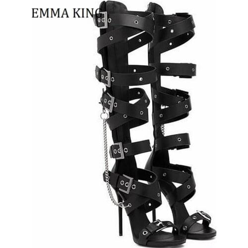Sexy Leather Ladies Knee High Sandal Boots Metal Buckle Wrap Strappy Female Gladiator Boots Punk Chain Party Club Women Shoes