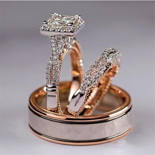 Top Sell 3PCS Luxury Jewelry 925 Sterling Silver&Rose Gold Fill Princess Cut White Topaz CZ Diamond Party Women Wedding Ring