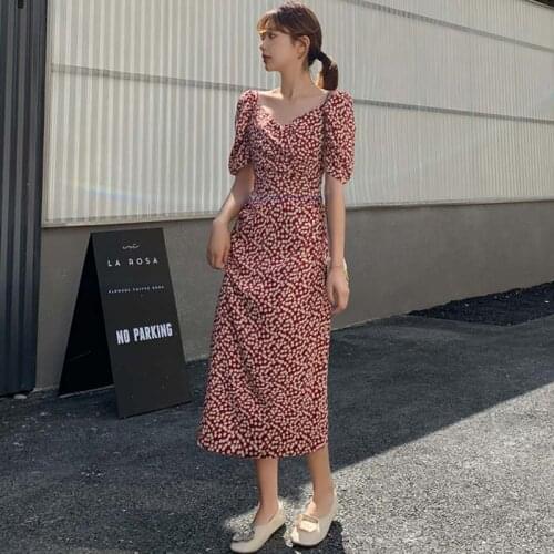 2021 New Korean One-Piece Summer V-Neck For Women Split Fork Dress Fashion Dot Chiffon Slim Waist Short Puff Sleeve Ladies Dress