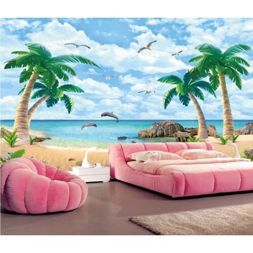 2021 Relaxing Super Visual Feeling Nature Coconut Tree Dolphin Sea Bird Flower Sea Natural Scenery Background Wall CMYK Mode