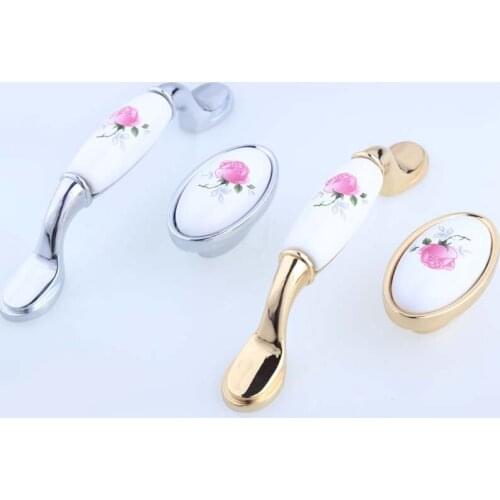 96mm Fashion rural rose ceramic kitchen cabinet wine cabinet handle silver gold drawer tv cabinet cupboard knob pull modern 16