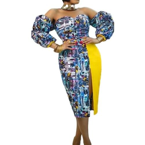 African Dresses For Women Strapless High Waist Split Off The Shoulder Gowns Fashion Print Sexy Elegant African Party Dress 2021