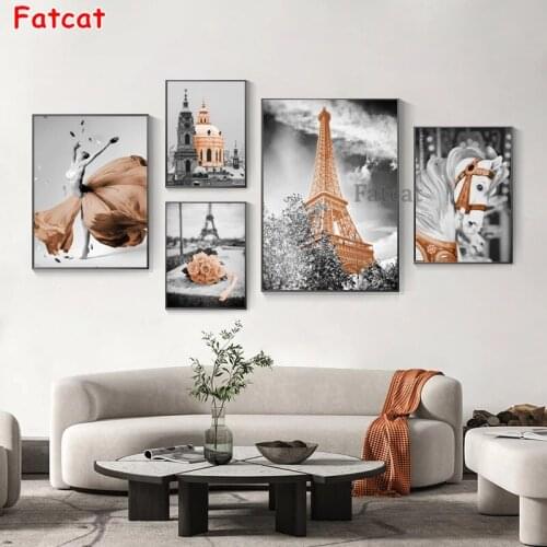 Diamond painting orange Eiffel Tower flower skirt girl diamond painting ferris wheel horse castle wall art room decor PP008