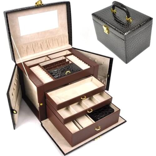 Free shipping Luxurious leather large 4 layers space jewelry box ,earrings necklaces pendants display box wedding gifts. brown