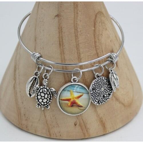 Stainless Steel Bangle Bracelet Beach Bangle Ocean Cowrie Starfish Flip Flop Charm Bracelets gifts for women jewelry pulsera