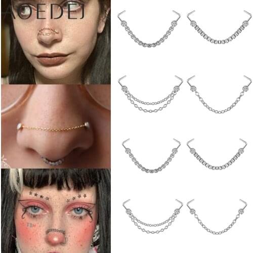 AOEDEJ 316L Stainless Steel Nose Chain for Women Silver Plated Double Nostril Chain Nose Piercing Nose Bone Rhinestone Studs