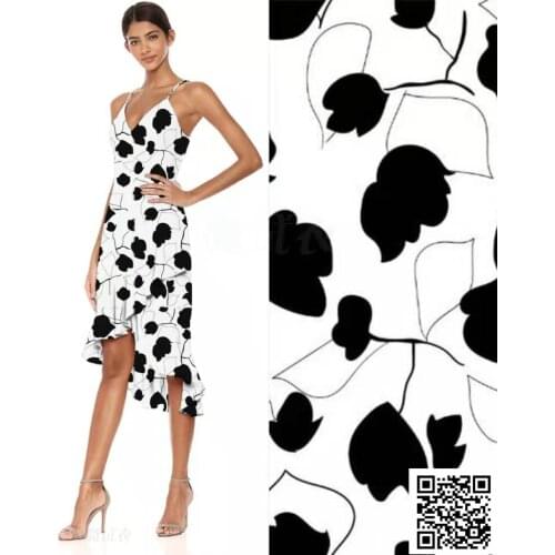 Black rattan leaf printed fabric comfortable imitation cotton dress shirt suit white fabric haute couture fashion fabric