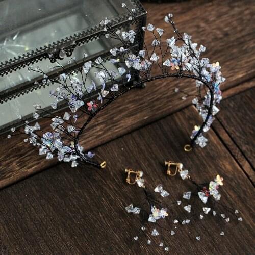 Korean Super Fairy black Crown earrings Stakes Pearl Hair Hoop Bride Head wear bride Hair Earrings Set Wedding Accessories