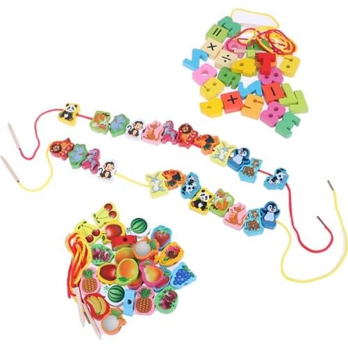 Baby DIY Toy Cartoon Fruit Animal Stringing Threading Wooden Beads Toy Educational For Children Wooden Toys