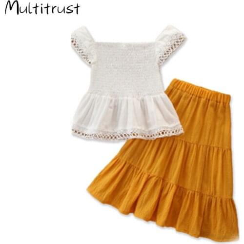2020 Summer Kids Girls Clothes Sets Lace Sleeveless Ruffles Solid T Shirts Tops +Ankle Length A-Line Skirts Holiday outfits