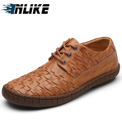 Inlike Genuine Leather Casual Shoes Men Handmade Vintage Shoes Lace-Up