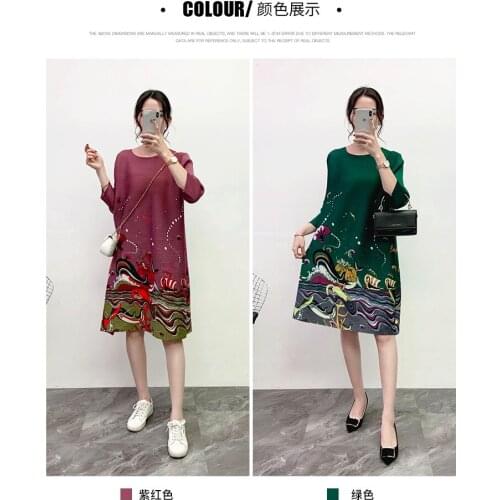 HOT SELLING Miyake Fashion ocean print three quarter sequined o-neck fold dress A-Line dress IN STOCK