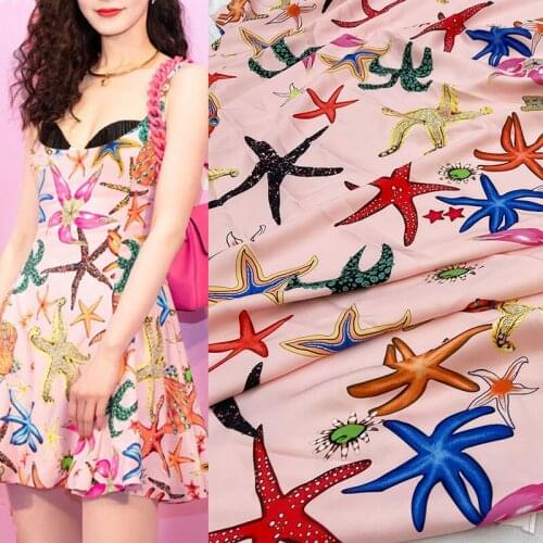145cm Width Fashion Ocean Starfish Printed Polyester Satin Fabric For Woman Girl Dress Blouse Pants DIY Cloth Sewing Material