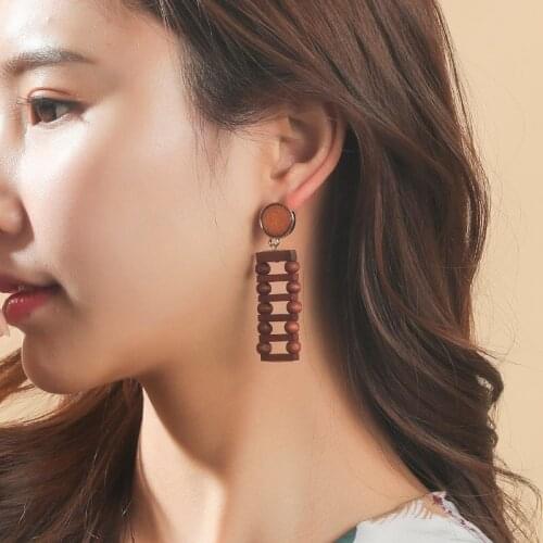 Fashion Handmade Beaded Wooden Drop Earrings For Women Bohemian Trendy Geometric Rectangular Grid Dangle Earring Jewelry Gifts