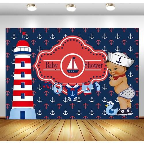 Nautical Theme Baby Shower Backdrop Sailor Boy Baby Shower Party Photography Background Lighthouse Anchor Navy Blue Decor Banner