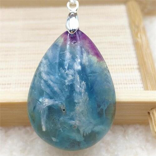 Genuine Natural Blue Feather Fluorite Quartz Colorful Pendant Women Men Water Drop 34x25x13mm Fluorite Necklace Jewelry AAAAA