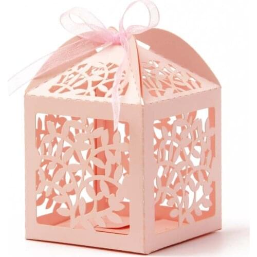 50pc Pink Hollowed Laser Cut Leaf Paper Favor Gifts Candy Box With Ribbon Baby Shower Wedding Party Supplies
