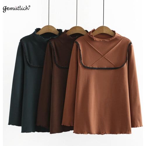 GEMUTLICH Women Big Size Long Sleeves Blouse Half High Collar Lace Patchwork Autumn Cotton Top Bottoming Shirt Pullover New