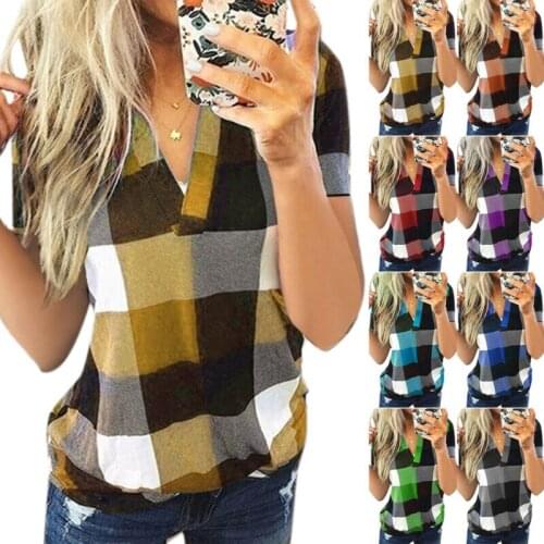 Women V Neck Plaid Check Tee Top Ladies Short Sleeve T-Shirt Blouse Look Thin