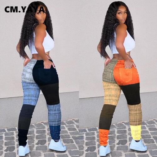 CM.YAYA Streetwear Women Plaid Patchwork Pants Leggings High Waist Pencil Trousers Draped Jogger Sweatpants
