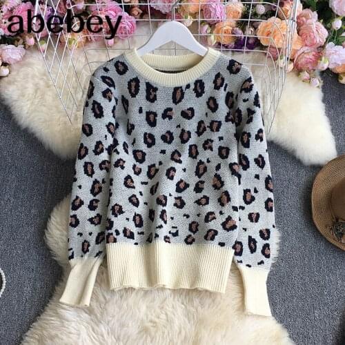 2021 New Spring Autumn Fashion versatile O-neck long sleeve knitted Pullover hit color leopard print loose Sweater Top