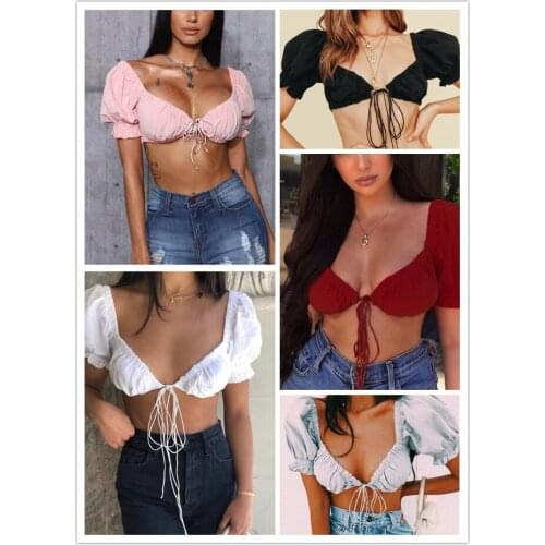 2021 New women white crop top short sleeve lace up tees elastic tank tops shirt sexy club solid Fashion Night party