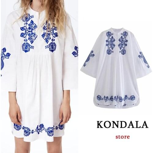 Women Chic White Embroidery Loose Mini Shirt Dress Cotton Za 2021 Long Puff Sleeve O Neck Vintage Dress Elegant Mujer Vestidos