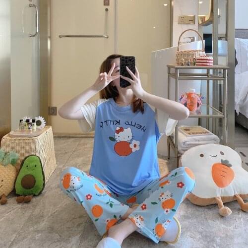 2021 Sanrio Hello Kitty short-sleeved long-sleeved suit girls summer new pajamas women sleepwear