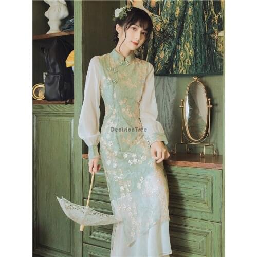2021 chinese style cheongsam traditional chinese dress women floral embroidery silk qipao oriental vintage cheongsam dress qipao