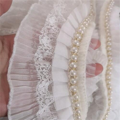 50cm 3 Layers Pleated White Pearl Lace Trim Ribbon Dress Fabric Sewing Craft