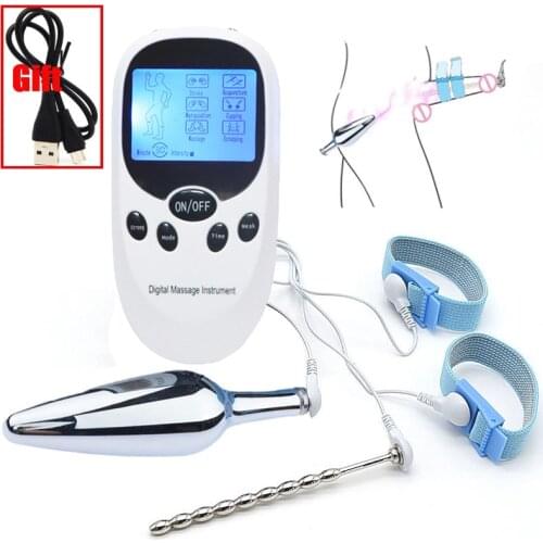 BDSM Male Strong Electric Shock Pulse Metal Anal Butt Plug Masturbator E-Stim Urethral Plug Penis Ring Prostate Massage Sex Toys