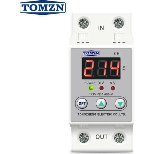 Din rail 40A 60A voltage display relay adjustable over under voltage proteciotn device automatic reconnect protector