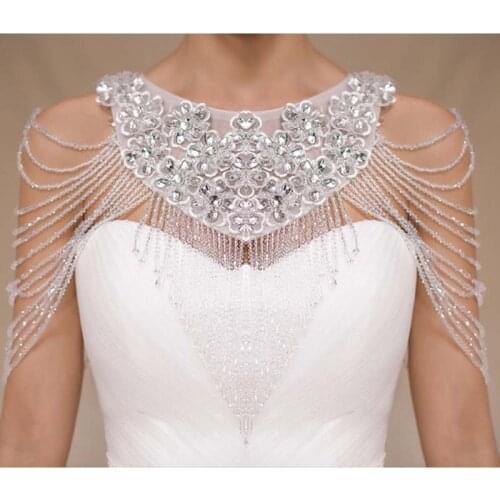 European and American bride luxury shoulder chain tassel rhinestone wedding dress accessories round collar lace necklace jewelry