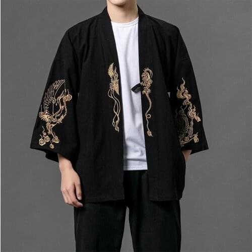Online Chinese Store Yukata Black Embroidery Asian Clothes Cardigan Kimono Shirt Men Traditional Japanese Kimonos Haori FF2803