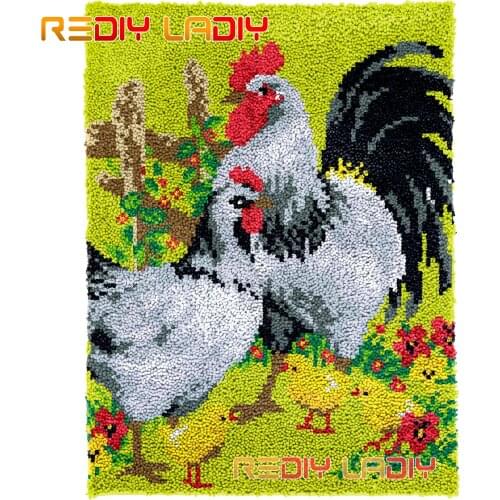 Latch Hook Rug Cock and Hen DIY Carpet Rug Kits Chunky Yarn Cushion Crocheting Wall Tapestry Knitted Floor Mat Arts & Crafts