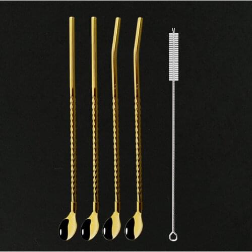 Colorful Reusable Drinking Straw Spoon Set 18/10 Stainless Steel Straw SetMetal Straw With Cleaner Brush Bar Party Accessory