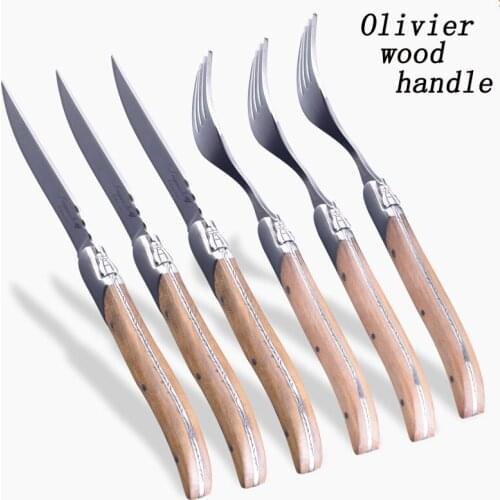 6 Pc 304 Stainless Steel Steak Knife and Fork Set Home Dinner Cutlery w/ Olivier wood Handle Package in Wood Box Free Shipping