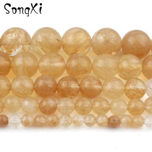 Natural Stone Smooth Citrines Quartz Round Loose Beads 15.5" Strand 6 8 10 12MM For Jewelry Making Diy Bracelet Necklace Perles