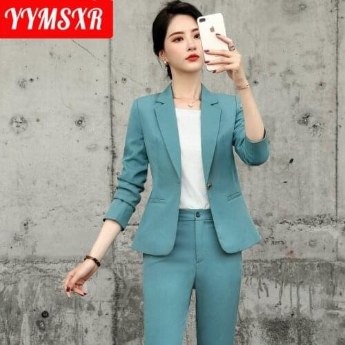 Autumn Womens Suit Pants 2-piece Set 2021 New Slim Solid Color Ladies High Quality Office Jacket Slim High Waist Pants