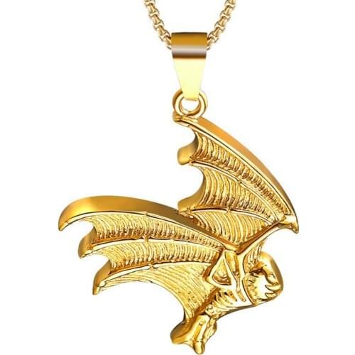RIR Vintage Gothic Style Look Silver Gold Tone Stainless Steel Big Bat Wing Pendant Necklace 66cm Chain Jewelry