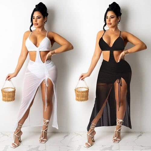 Sexy Hollow Out Two Piece Set Spaghetti Strap Bodysuit And Long Dress Split Out Solid Color Night Party Night Tracksuit Clothes