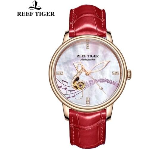 Reef Tiger/RT Women Fashion Watches New Luxury Rose Gold Leather Band Automatic Watches relogio feminino RGA1582