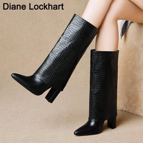 2020 New Genuine Leather Women Boots Black Fold Knee High Heel Boots Pointed Toe Long Boots Female Square Heel Chaussure Femme