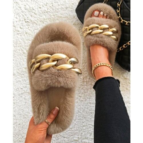 Furry Fur Slides Fluffy Slippers Matte Gold Chain Women Flip Flops Cozy Soft Faux Fur Slippers Ladies House Flat Casual Shoes